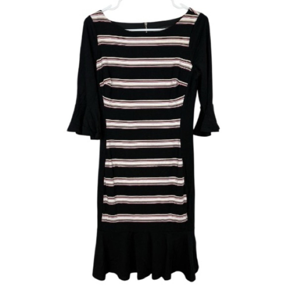 White House Black Market Black Striped Dress w/ Peplum hem sz 4 business casual